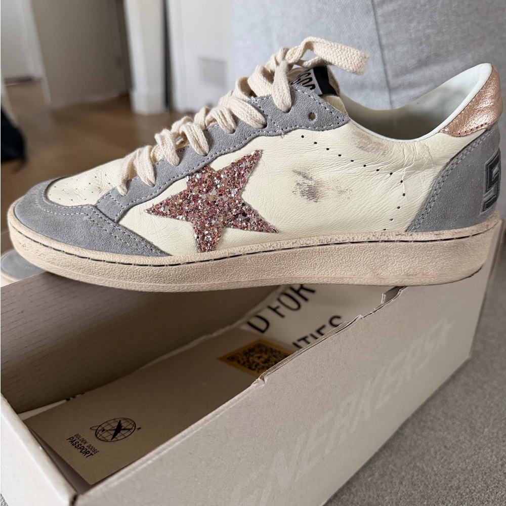 Golden Goose Cream Leather Sneakers with Pink Glitter Star, Size 38